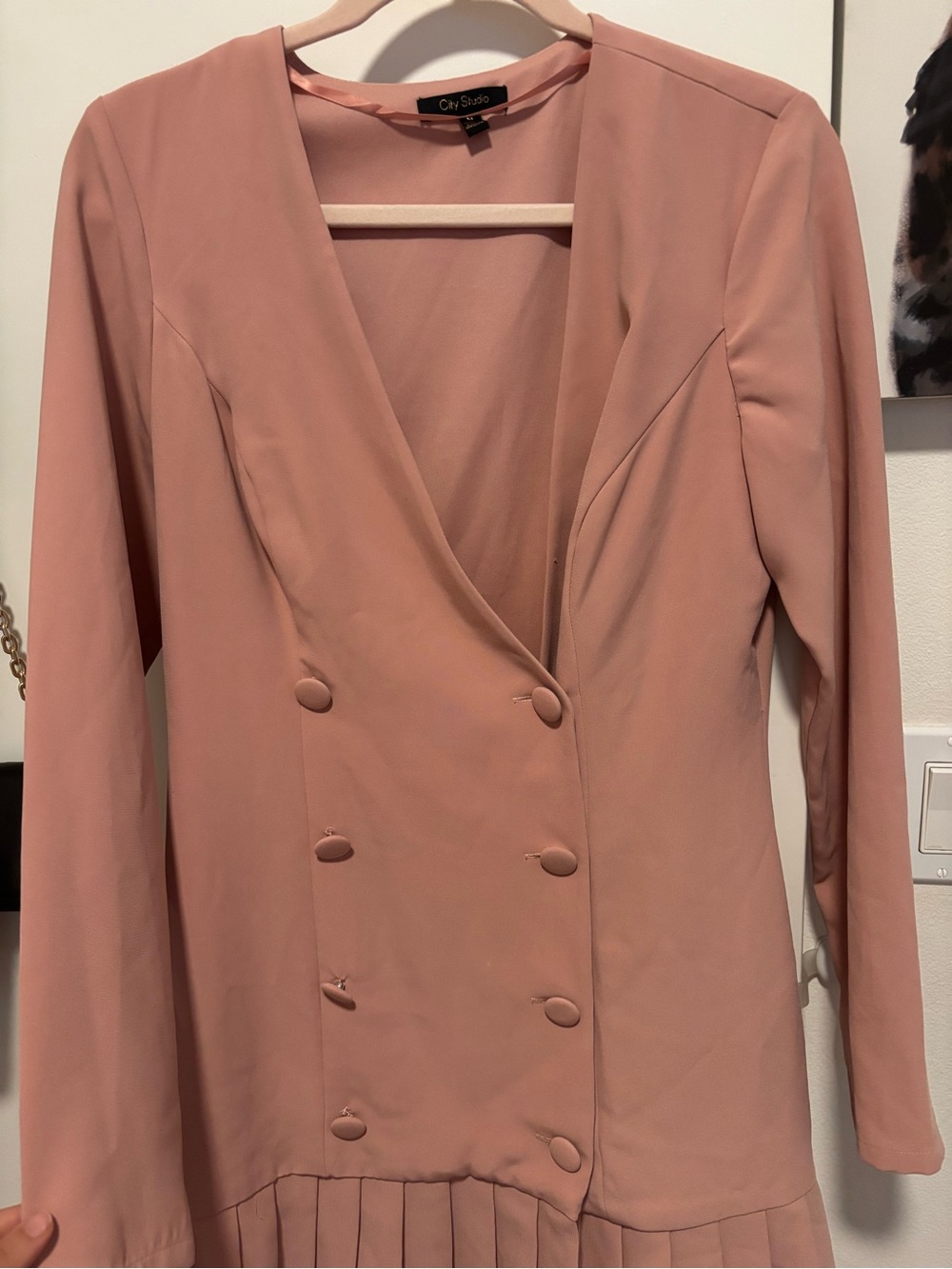 City Studio Blush Pink Double-Breasted Pleated Hem Blazer